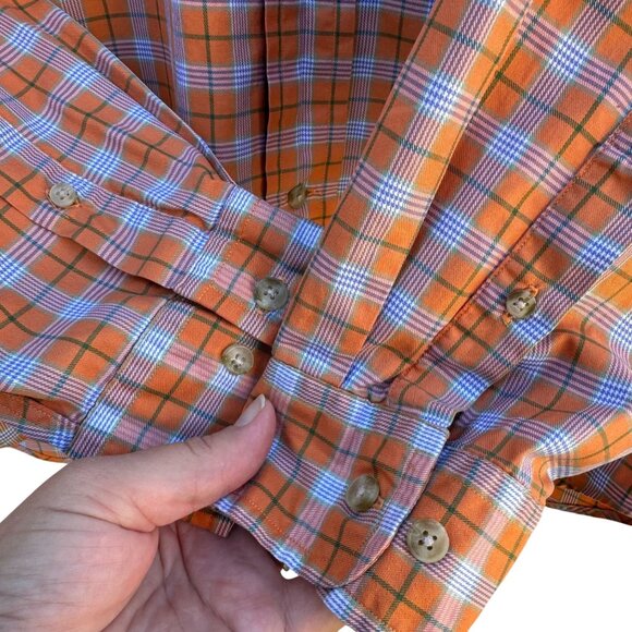 Faconnable Mens Orange Check Plaid Button Up Cotton USA Made Long Sleeve Shirt - Picture 6 of 11